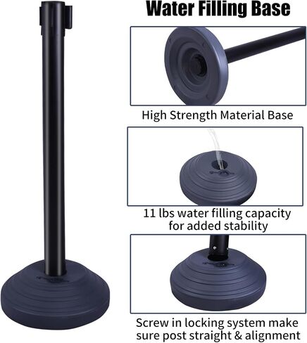6PACK BESEA Crowd Control Stanchions with 10 FEET Retractable Belts, Water Filled Base Weighted Barriers Black Post in Kuwait