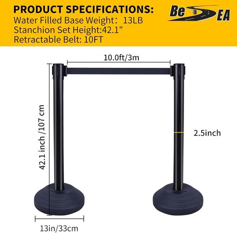 6PACK BESEA Crowd Control Stanchions with 10 FEET Retractable Belts, Water Filled Base Weighted Barriers Black Post in Kuwait