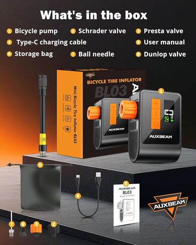Auxbeam Tiny Bike Pump with Gauge, 120PSI Electric Bicycle Pump with Presta and Schrader Valve, Portable Air Pump for Road Bike, City, Mountain and E-Bike in Saudi Arabia