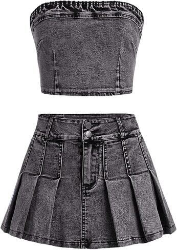 Wdirara Girl's Y2K 2 قطعة ملابس Bandeau Tubs Tops Jeans Denim يضع مجموعة تنورة صغيرة مطوية in Saudi Arabia
