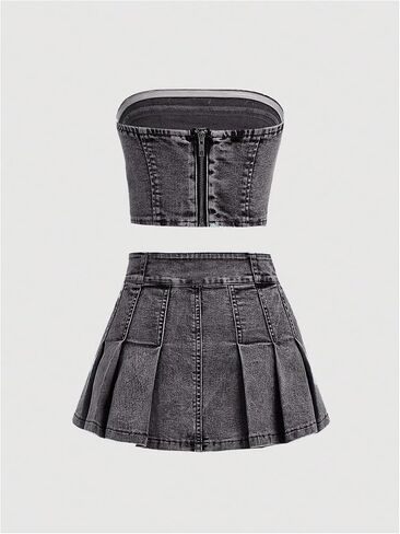 Wdirara Girl's Y2K 2 قطعة ملابس Bandeau Tubs Tops Jeans Denim يضع مجموعة تنورة صغيرة مطوية in Saudi Arabia