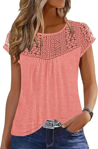 ETCYY Womens Cap Sleeve Tops 2023 Trendy Floral Print Summer Tops Loose Fit Lace T Shirts Blouses in Saudi Arabia