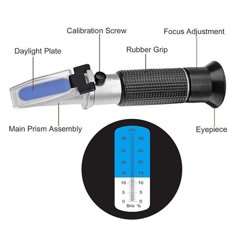Make -Hand Refractometer with ATC, Range 0-32% Brix with 0.2% Division, for Wine, Brandy, Beer, Fruits, Cutting Liquid, with Calibration Solution in Kuwait