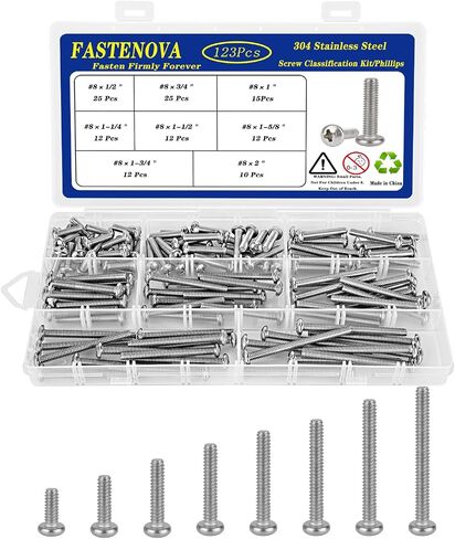 123pcs Machine Screws Assortment Kit, 304 Stainless Steel, #8-32 Phillips Pan Head,1/2 to 2 inch Long, Cupboard, Closet Handle Installation in Saudi Arabia