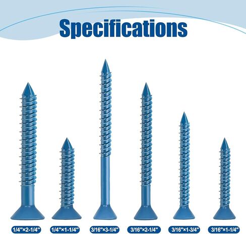 3/16″×3-1/4″ (200Pcs) Flat Head Concrete Screw Anchor, Blue Screw, for Anchoring to Masonry, Block or Brick in Saudi Arabia