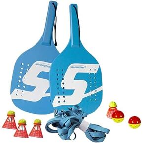 Speedminton Original Paddleminton - Complete Game Set incl. 2 Wooden Paddles, 2 Balls & 4 “Fun Speeders" Birdie, transportable and Easy to Setup Court - A Perfect Backyard Game, Blue
