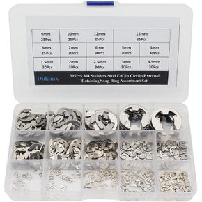 395Pcs 1.5mm-15mm 304 Stainless Steel E-Clip Circlip External Retaining Snap Ring Assortment Set