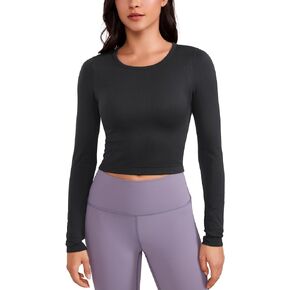 CRZ YOGA Seamless Ribbed Double Lined Long Sleeve Crop Tops for Women Crew Neck Athletic Workout Basic Cropped Fitted Shirts