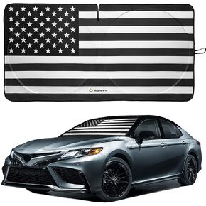American Flag Windshield Sun Shade, High-Resolution Car Sun Shield with Mirror Cut-Out for Automotive Interior Sun and Heat Protection, Folding Car Sunshade with Storage Bag - Small, Black & White