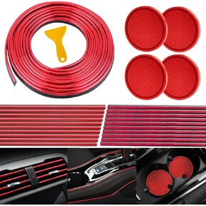 25Pcs Car Interior Accessories Set 20 Car Vent Outlet Trim Strip 16 Feet Car Interior Moulding Trim Strip with Scraper 4 Non-Slip Cup Coasters DIY Car Interior Decorative Accessory (Red)