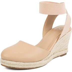 Putu Espadrilles Wedges للنساء مغلق اصبع القدم إسفين الصنادل مرونة حزام الكاحل إسفين الأحذية