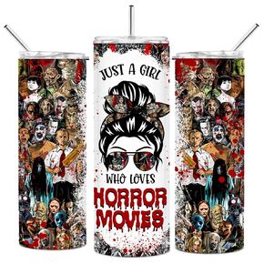 كوب سفر معزول بغطاء من Just a Girl Who Loves Horror Movies، سعة 20 أونصة، هدية مثالية للنساء، بطابع الهالوين