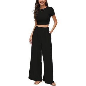 Two Piece Sets for Women Summer Outfits Matching Lounge Set Pajamas T-shirts with Long Wide Leg Pants Woman