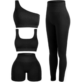 4 Pcs Women's Workout Sets Pilates Exercise Outfit Ribbed Scoop Neck Sports Bra Shorts Leggings Gym Clothes Set