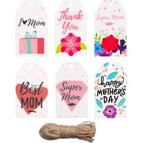 NEWEST 60 Pieces Mother's Day Gift Tags, Floral Design Paper Tags with String Best Mom Hanging Labels Tags for Moms Birthday Gift Wrap, Style B