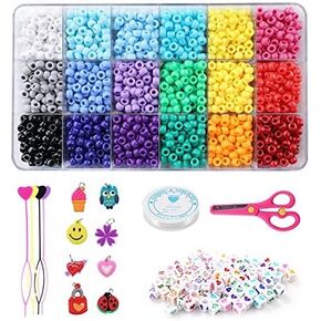 طقم خرز المهر، 3000 قطعة 9 ملم طقم خرز المهر في 18 لونًا مع خرز الحروف، خرز الحب وسلسلة مرنة لتضفير الشعر DIY سوار قلادة سلسلة مفاتيح وصناعة المجوهرات in Kuwait