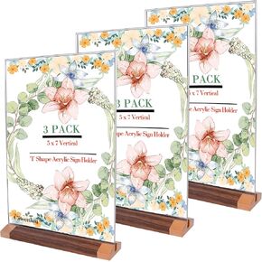 حاملات لافتات أكريليك بقاعدة خشبية - 3 عبوات مقاس 5 × 7 بوصة على شكل حرف T إطارات شفافة مزدوجة الجوانب لعرض قائمة الطاولة وعرض الطيارة in Kuwait