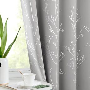 jinchan Blackout Curtains for Bedroom, Silver Foil Tree Branch Printed Thermal Room Darkening Curtains for Living Room Window Curtains 84 Inch Length Set 2 Panels Grey