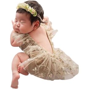 3 PCS Newborn Photography Props with Baby Lace Rompers Hat Flower Headband Vest Floral Classic Outfits for Girl Princess Twins Birthday Party