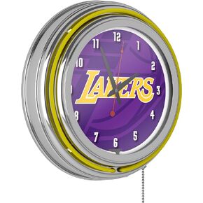 Trademark Global Neon Clock - Retro Los Angeles Lakers Fade Analog Wall Clock with Pull Chain - for Kitchen, Garage, Game Room, or Home Bar