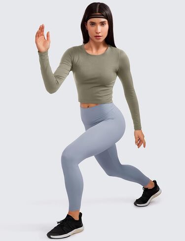 CRZ YOGA قطع علوية قصيرة مضلعة ومزدوجة الأكمام للنساء برقبة دائرية وقمصان رياضية أساسية مقصوصة in Saudi Arabia