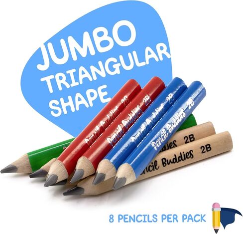 Short Jumbo Kids Pencils for Preschoolers, Kindergarten, Toddlers & Beginners - 8 Triangular Pencils & Sharpener, Fat Pencils for Kindergarten, 2B, Jumbo Pencils, Kids Pencils, Ages 2-6 (Multi Color) in Saudi Arabia
