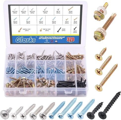 Glarks 320 قطعة من براغي الحفر الذاتي المختلطة ومسامير التنصت الذاتية، مجموعة متنوعة من 16 نوعًا مختلفًا من مسامير الخشب، ومسامير الصفائح المعدنية ومسامير الحوائط الجافة للخشب والصفائح المعدنية واستخدام الحوائط الجافة in Saudi Arabia