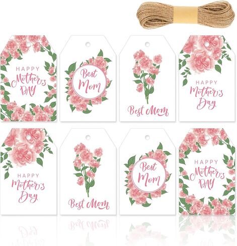 Whaline 100Pcs Mother's Day Gift Tags with 98.4 Feet Hemp Rope Pink Carnation Flower Happy Mother's Day Hanging Labels Tags for Mother's Day Birthday DIY Gift Party Favor Decor, 4 Design in Saudi Arabia