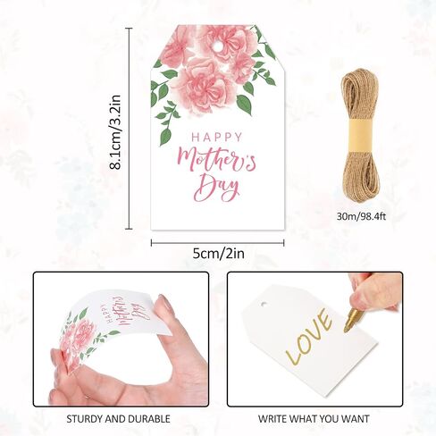 Whaline 100Pcs Mother's Day Gift Tags with 98.4 Feet Hemp Rope Pink Carnation Flower Happy Mother's Day Hanging Labels Tags for Mother's Day Birthday DIY Gift Party Favor Decor, 4 Design in Saudi Arabia