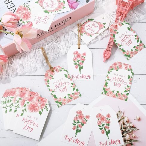 Whaline 100Pcs Mother's Day Gift Tags with 98.4 Feet Hemp Rope Pink Carnation Flower Happy Mother's Day Hanging Labels Tags for Mother's Day Birthday DIY Gift Party Favor Decor, 4 Design in Saudi Arabia
