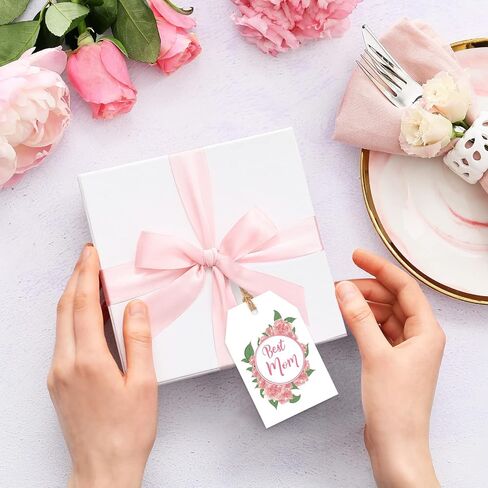Whaline 100Pcs Mother's Day Gift Tags with 98.4 Feet Hemp Rope Pink Carnation Flower Happy Mother's Day Hanging Labels Tags for Mother's Day Birthday DIY Gift Party Favor Decor, 4 Design in Saudi Arabia