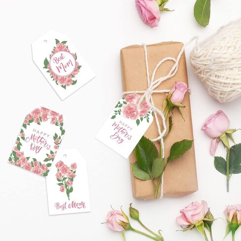 Whaline 100Pcs Mother's Day Gift Tags with 98.4 Feet Hemp Rope Pink Carnation Flower Happy Mother's Day Hanging Labels Tags for Mother's Day Birthday DIY Gift Party Favor Decor, 4 Design in Saudi Arabia
