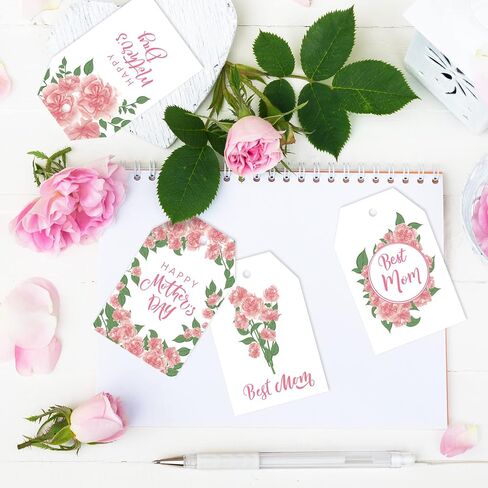 Whaline 100Pcs Mother's Day Gift Tags with 98.4 Feet Hemp Rope Pink Carnation Flower Happy Mother's Day Hanging Labels Tags for Mother's Day Birthday DIY Gift Party Favor Decor, 4 Design in Saudi Arabia