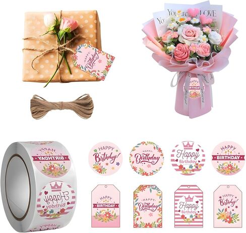 Happy Birthday Tags with String, 100PCS Floral Hanging Labels 500PCS 1.5" Adhesive Labels for Happy Birthday Business Personal Decorative Gift Wrapping in Kuwait