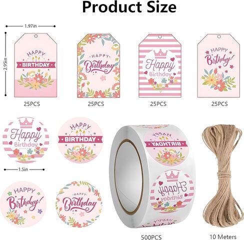 Happy Birthday Tags with String, 100PCS Floral Hanging Labels 500PCS 1.5" Adhesive Labels for Happy Birthday Business Personal Decorative Gift Wrapping in Kuwait