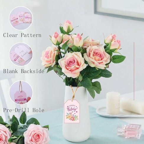 Happy Birthday Tags with String, 100PCS Floral Hanging Labels 500PCS 1.5" Adhesive Labels for Happy Birthday Business Personal Decorative Gift Wrapping in Kuwait