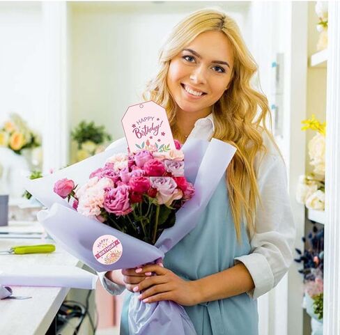 Happy Birthday Tags with String, 100PCS Floral Hanging Labels 500PCS 1.5" Adhesive Labels for Happy Birthday Business Personal Decorative Gift Wrapping in Kuwait