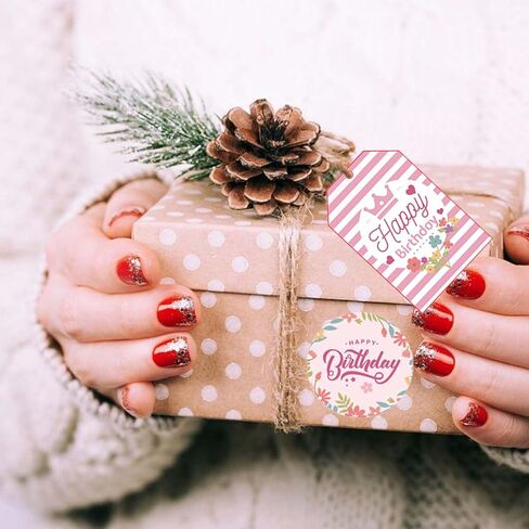 Happy Birthday Tags with String, 100PCS Floral Hanging Labels 500PCS 1.5" Adhesive Labels for Happy Birthday Business Personal Decorative Gift Wrapping in Kuwait