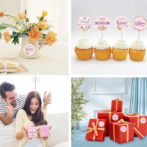 Happy Birthday Tags with String, 100PCS Floral Hanging Labels 500PCS 1.5" Adhesive Labels for Happy Birthday Business Personal Decorative Gift Wrapping in Kuwait