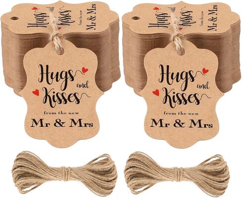 100 قطعة من بطاقات هدايا الزفاف من jijAcraft، بطاقات هدايا من ورق الكرافت مع سلسلة، عناق وقبلات بنية مخصصة من علامات تغليف هدايا السيد والسيدة الجديدة لحفلات الزفاف، وحفلات الزفاف، والذكرى السنوية in Kuwait