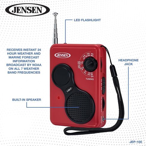 JENSEN JEP-100 Portable AM/FM Weather Band Radio with Flashlight, Compact Size Emergency Radio, Receives Broadcast by NOAA on All 7 Weather Band Frequencies in Saudi Arabia