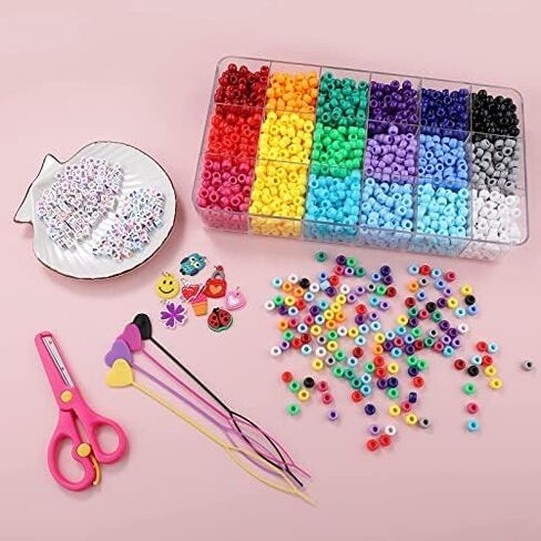 طقم خرز المهر، 3000 قطعة 9 ملم طقم خرز المهر في 18 لونًا مع خرز الحروف، خرز الحب وسلسلة مرنة لتضفير الشعر DIY سوار قلادة سلسلة مفاتيح وصناعة المجوهرات in Kuwait