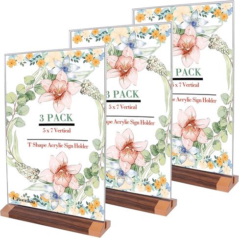 حاملات لافتات أكريليك بقاعدة خشبية - 3 عبوات مقاس 5 × 7 بوصة على شكل حرف T إطارات شفافة مزدوجة الجوانب لعرض قائمة الطاولة وعرض الطيارة in Kuwait