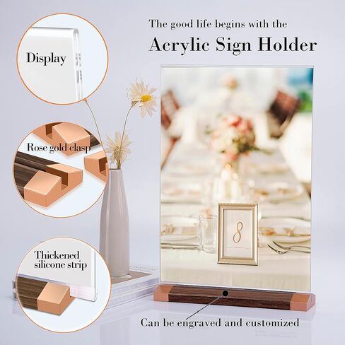 حاملات لافتات أكريليك بقاعدة خشبية - 3 عبوات مقاس 5 × 7 بوصة على شكل حرف T إطارات شفافة مزدوجة الجوانب لعرض قائمة الطاولة وعرض الطيارة in Kuwait