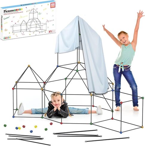 PicassoTiles Kids Fort Building Kit Playset 125 قطعة لعبة داخلية وخارجية مجموعة بناء الحصن كتل اللعب للأطفال الأولاد والبنات نظام قلعة تعلم العلوم والتكنولوجيا والهندسة والرياضيات، خيمة نفق، صاروخ، التظاهر باللعب in Kuwait