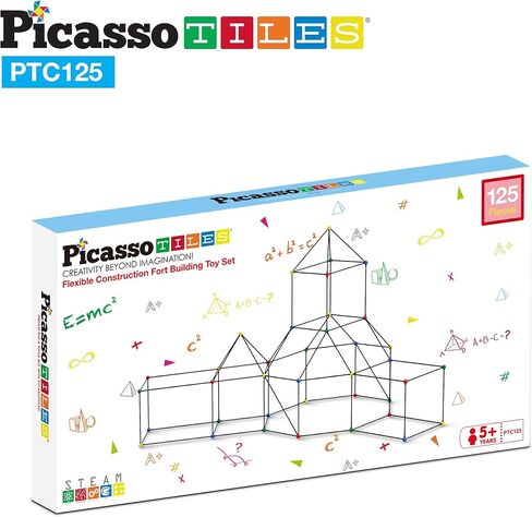 PicassoTiles Kids Fort Building Kit Playset 125 قطعة لعبة داخلية وخارجية مجموعة بناء الحصن كتل اللعب للأطفال الأولاد والبنات نظام قلعة تعلم العلوم والتكنولوجيا والهندسة والرياضيات، خيمة نفق، صاروخ، التظاهر باللعب in Kuwait