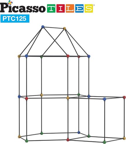 PicassoTiles Kids Fort Building Kit Playset 125 قطعة لعبة داخلية وخارجية مجموعة بناء الحصن كتل اللعب للأطفال الأولاد والبنات نظام قلعة تعلم العلوم والتكنولوجيا والهندسة والرياضيات، خيمة نفق، صاروخ، التظاهر باللعب in Kuwait