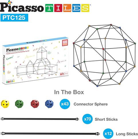 PicassoTiles Kids Fort Building Kit Playset 125 قطعة لعبة داخلية وخارجية مجموعة بناء الحصن كتل اللعب للأطفال الأولاد والبنات نظام قلعة تعلم العلوم والتكنولوجيا والهندسة والرياضيات، خيمة نفق، صاروخ، التظاهر باللعب in Kuwait