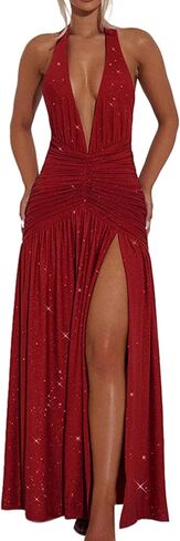 Women's Sexy Sparkly Halter Deep V Neck Dress High Split Backless Cocktail Party Dresses Evening Gown in Saudi Arabia
