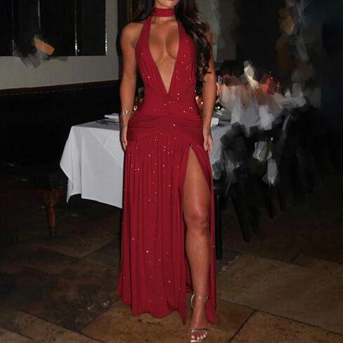 Women's Sexy Sparkly Halter Deep V Neck Dress High Split Backless Cocktail Party Dresses Evening Gown in Saudi Arabia